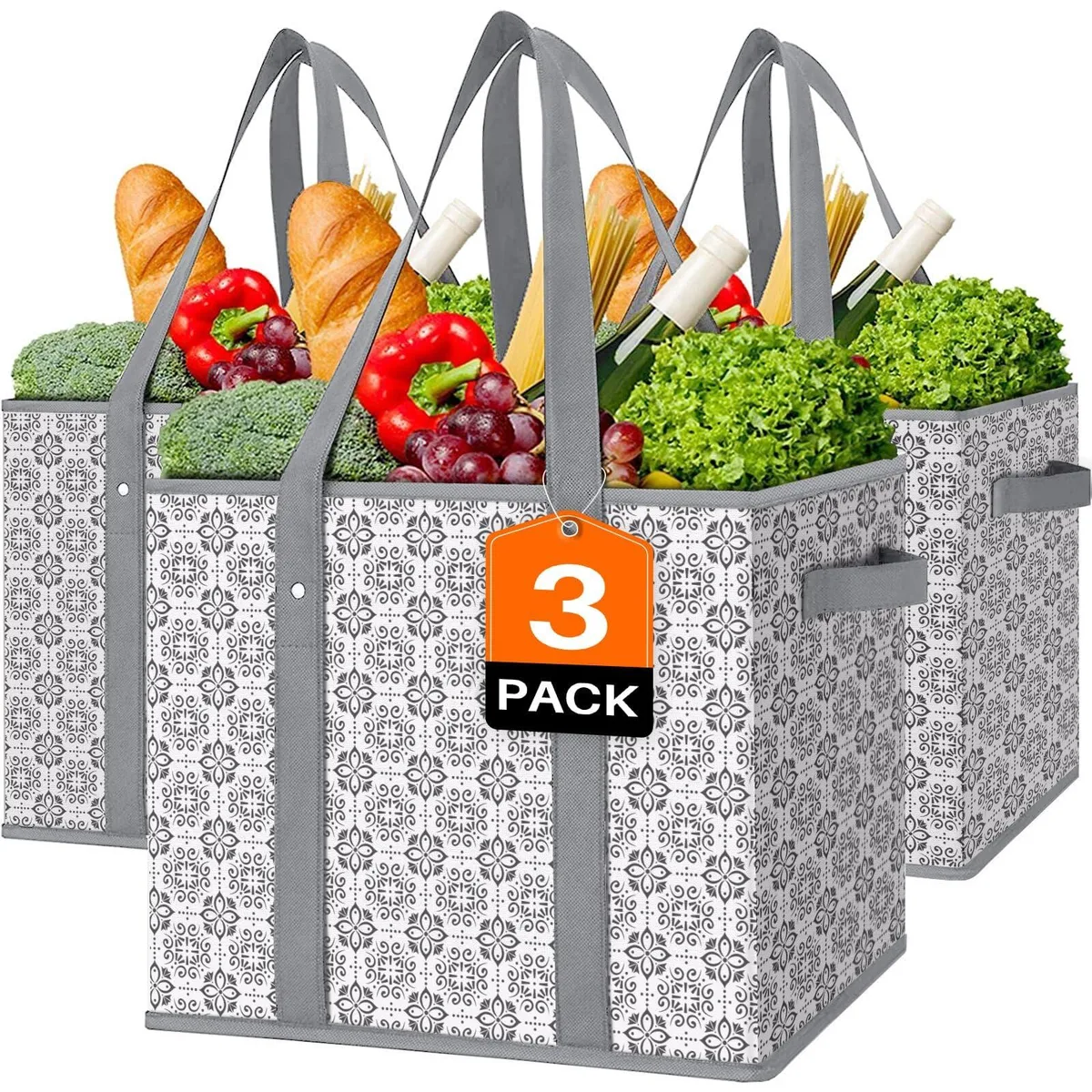 Three grey foldable grocery bags with floral pattern, rigid structure and shoulder straps