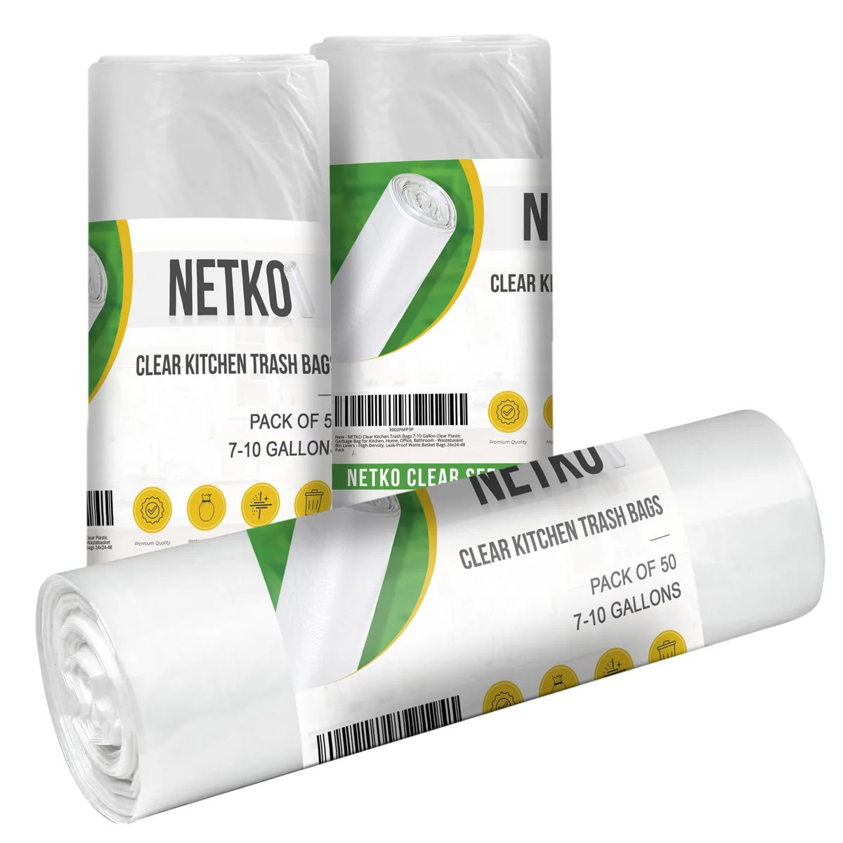 Clear plastic trash bags in a box, 50 count, 10 gallon capacity