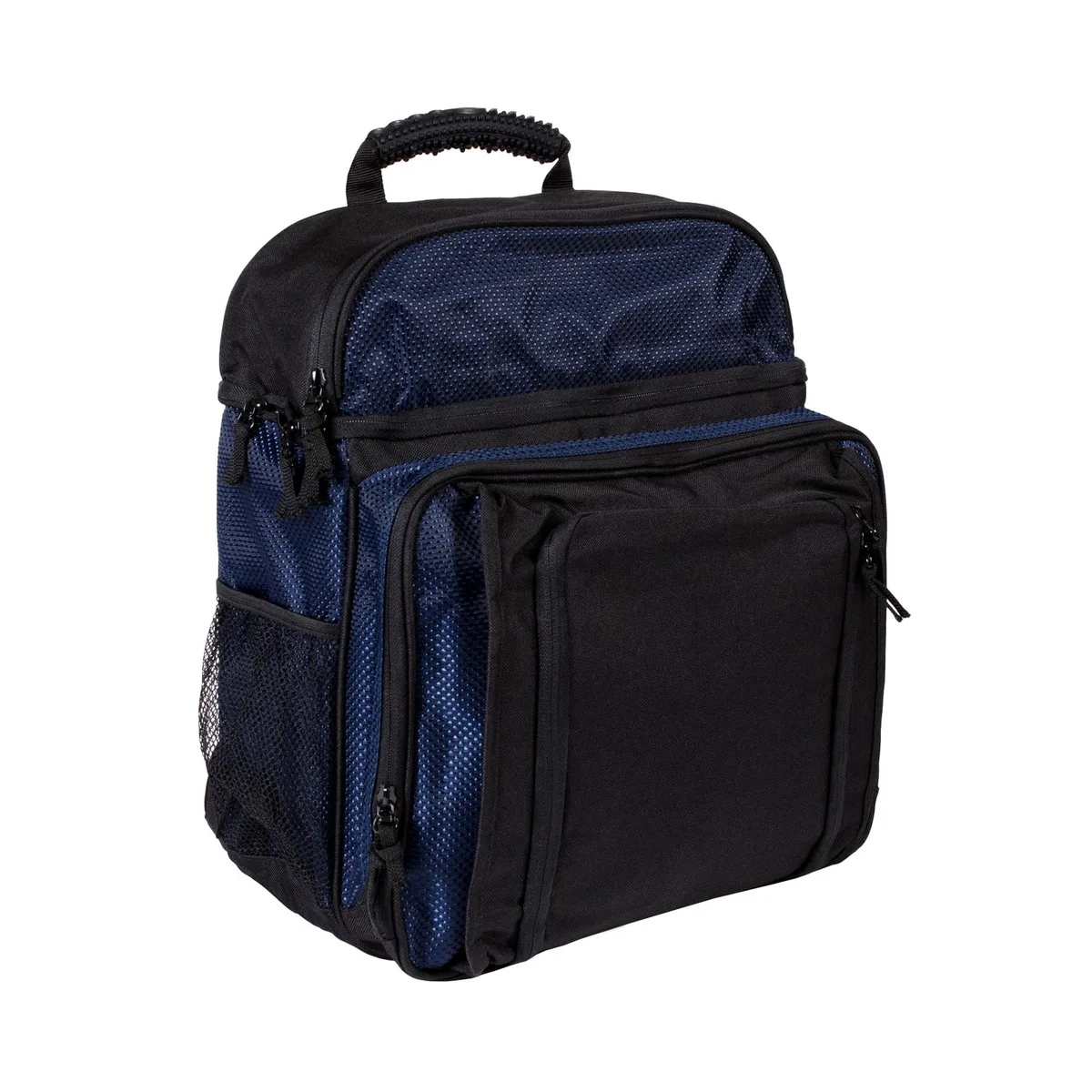 Blue 16-inch laptop backpack with padded sleeve, three zip compartments and mesh side pockets