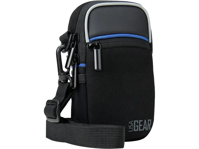 Black neoprene camera holster with rain cover, shoulder strap and belt loop