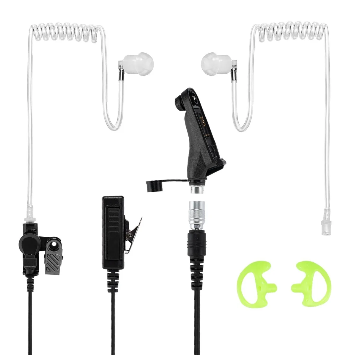 Black lapel microphone with coiled acoustic tube and quick-disconnect plug