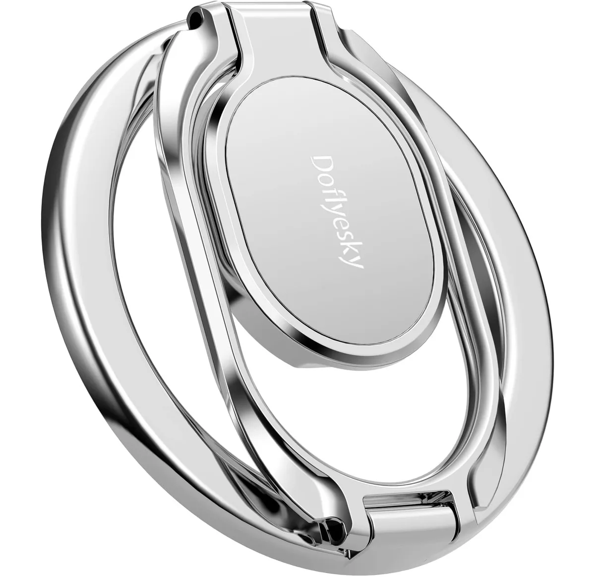 Silver zinc-alloy magnetic ring grip with dual folding hinges, 360-degree rotation and 280-degree flip kickstand