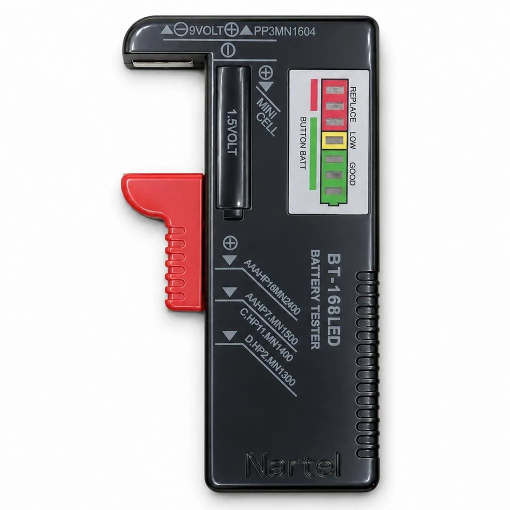 Compact yellow handheld tester with three LED zones and sliding battery contacts