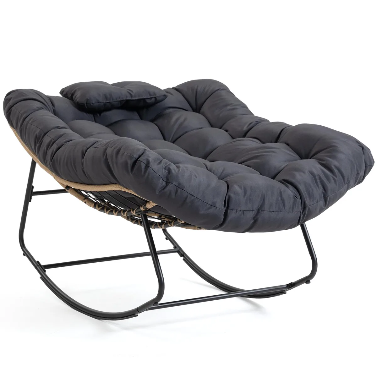 Black oversized egg-shaped papasan rocking chair with thick cushion and woven wicker finish