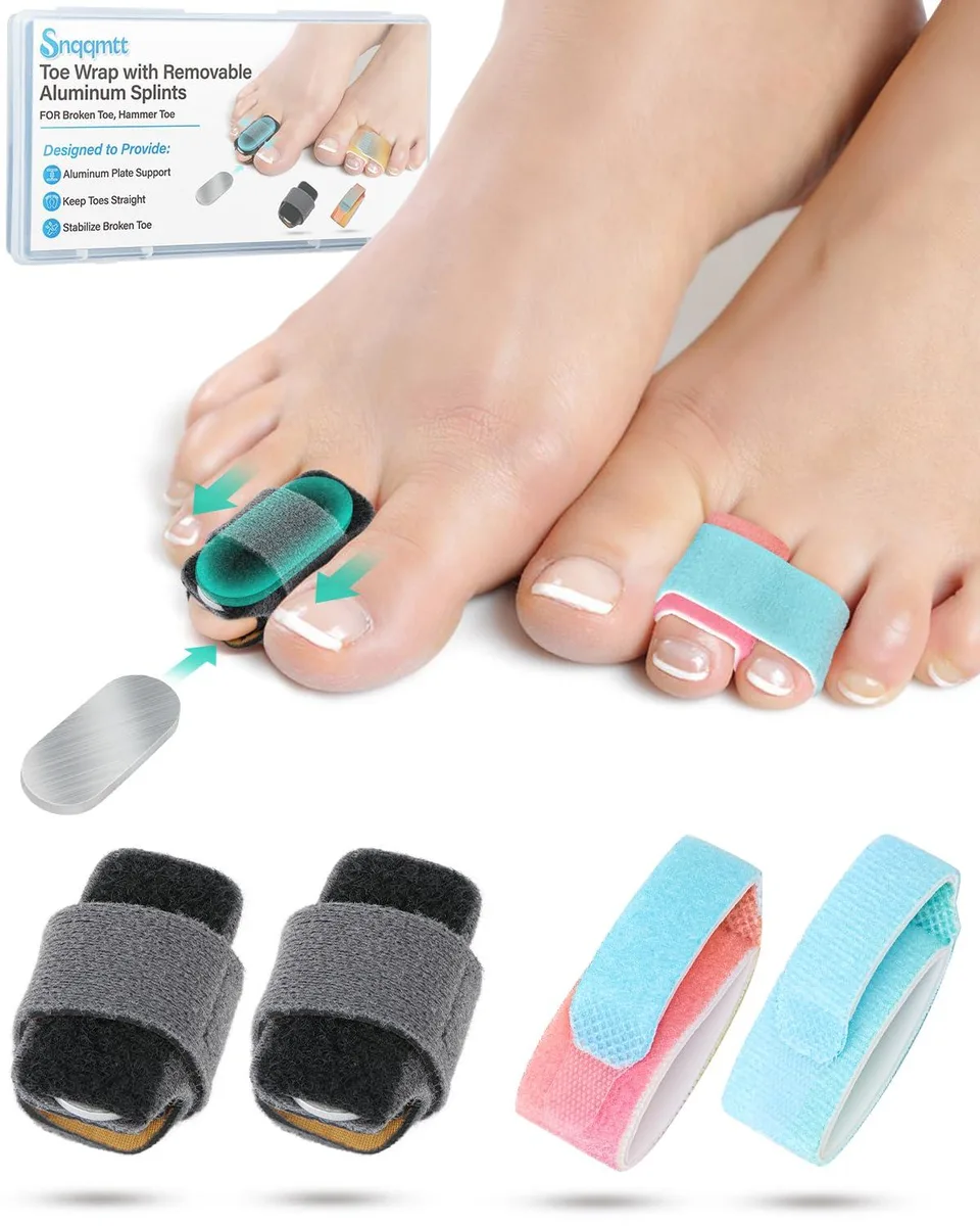 Two black toe splints with silver aluminum plates and two colorful soft toe wraps, medium size
