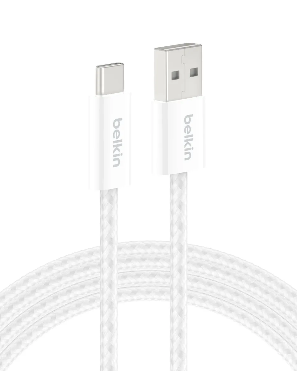 White braided USB-A to USB-C cable coiled showing male connectors
