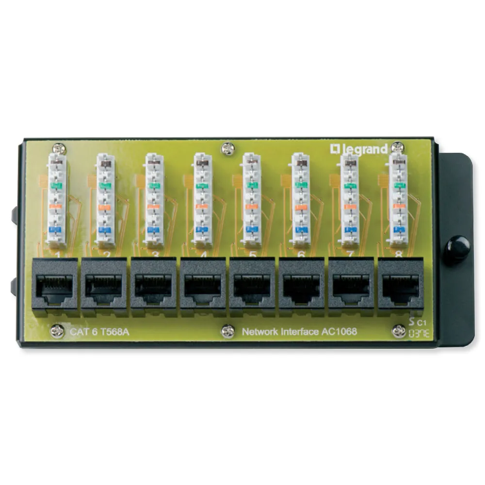 Rectangular white module with eight RJ45 ports and punch-down terminals
