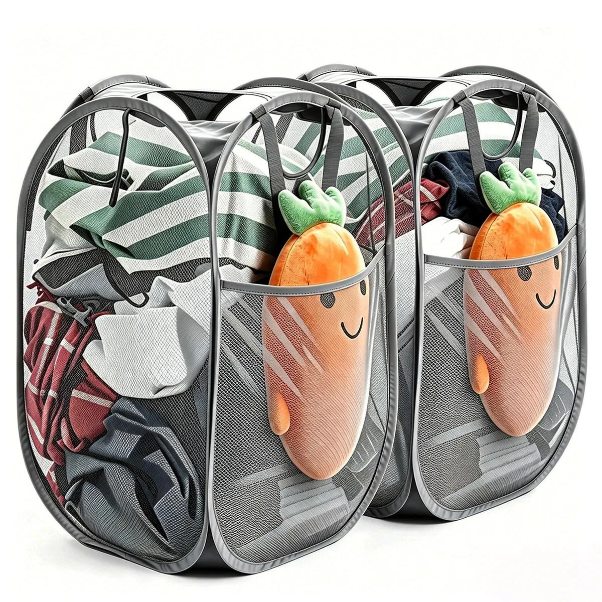 Two grey mesh pop-up laundry hampers with steel frames, side pockets and double-stitched handles