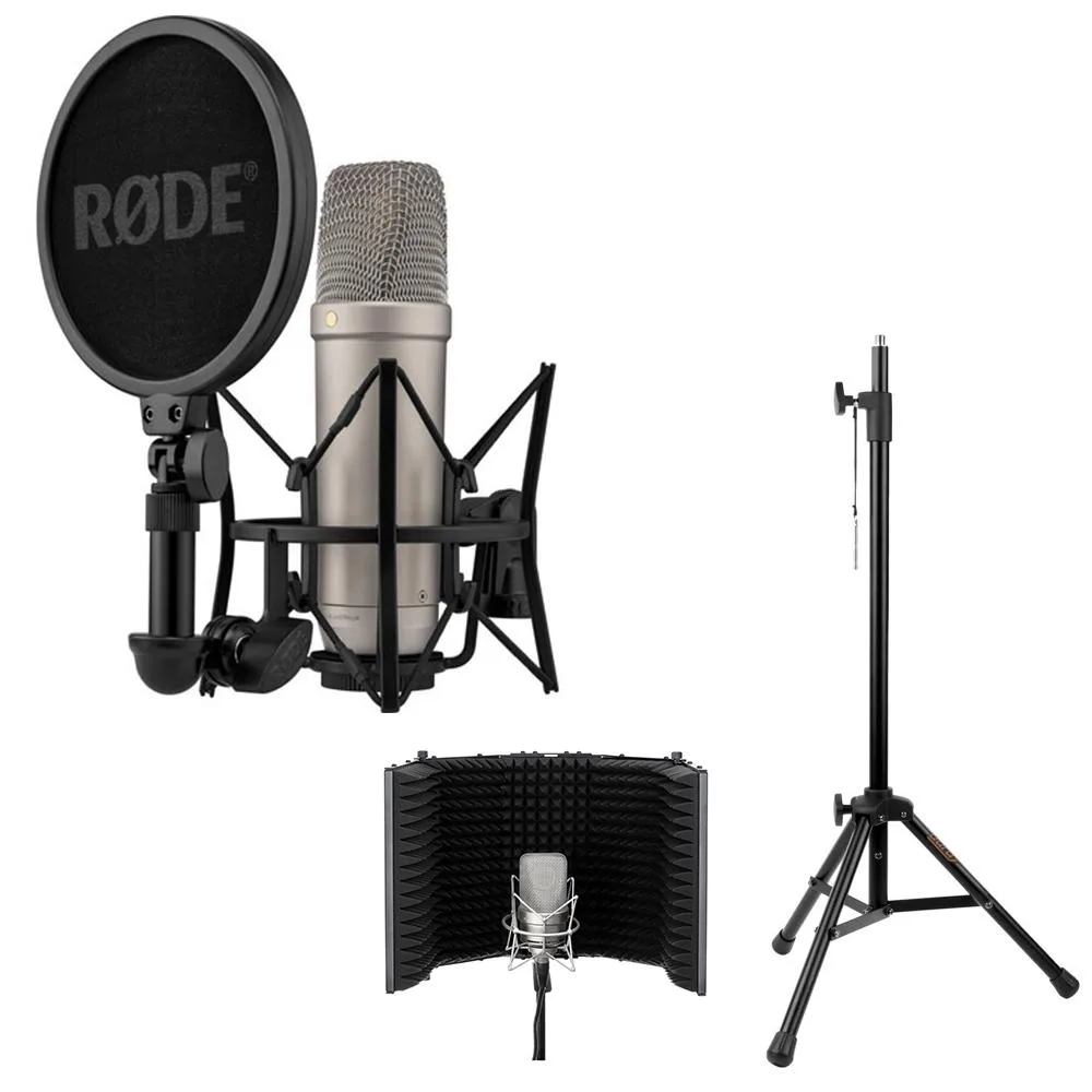 Silver cylindrical condenser microphone on shock mount with pop filter, desk reflection filter behind, compact tripod base