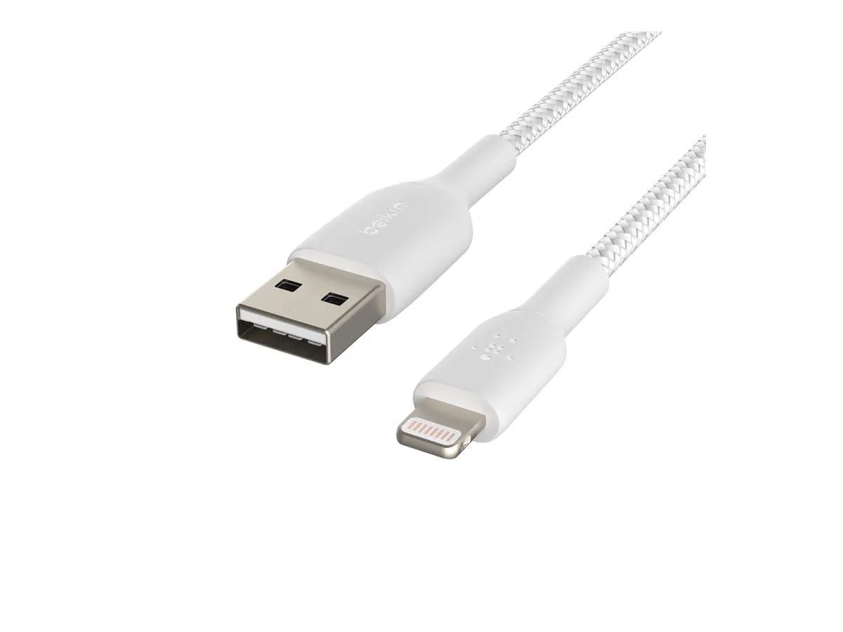 White braided Lightning to USB-A cable, 3.3 ft