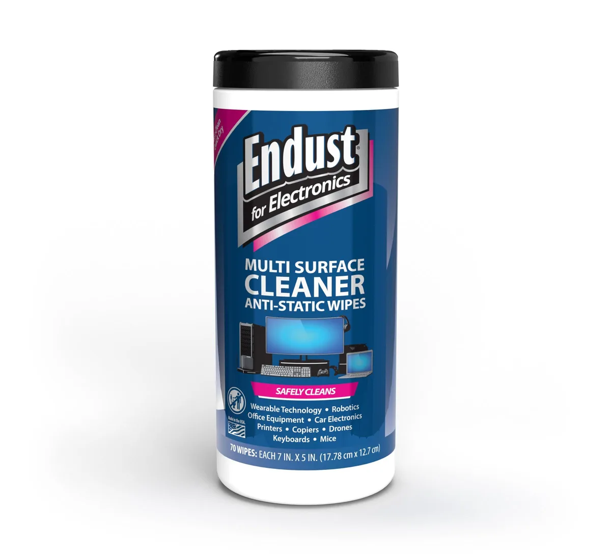 White pop-up canister with dispensing lid containing 70 anti-static wipes