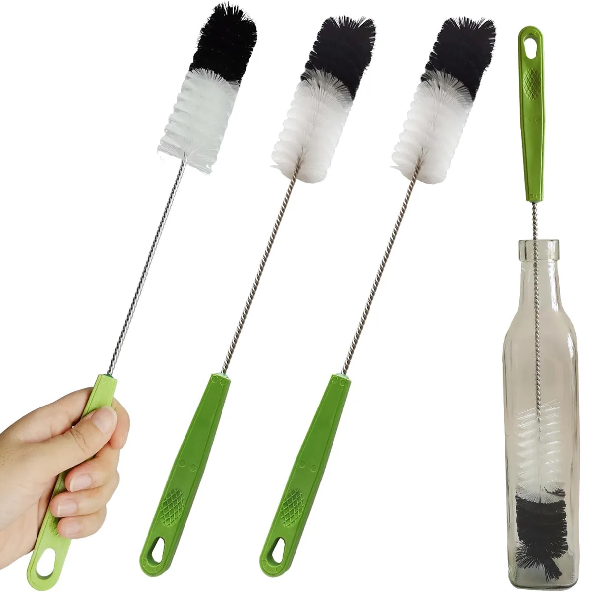 Two 16 inch bottle brushes with long handles and textured grips