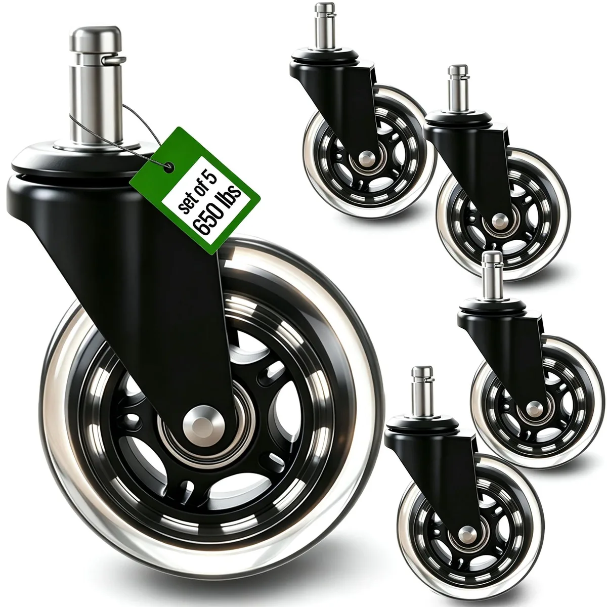 Five black rubber caster wheels with silver stem mounts