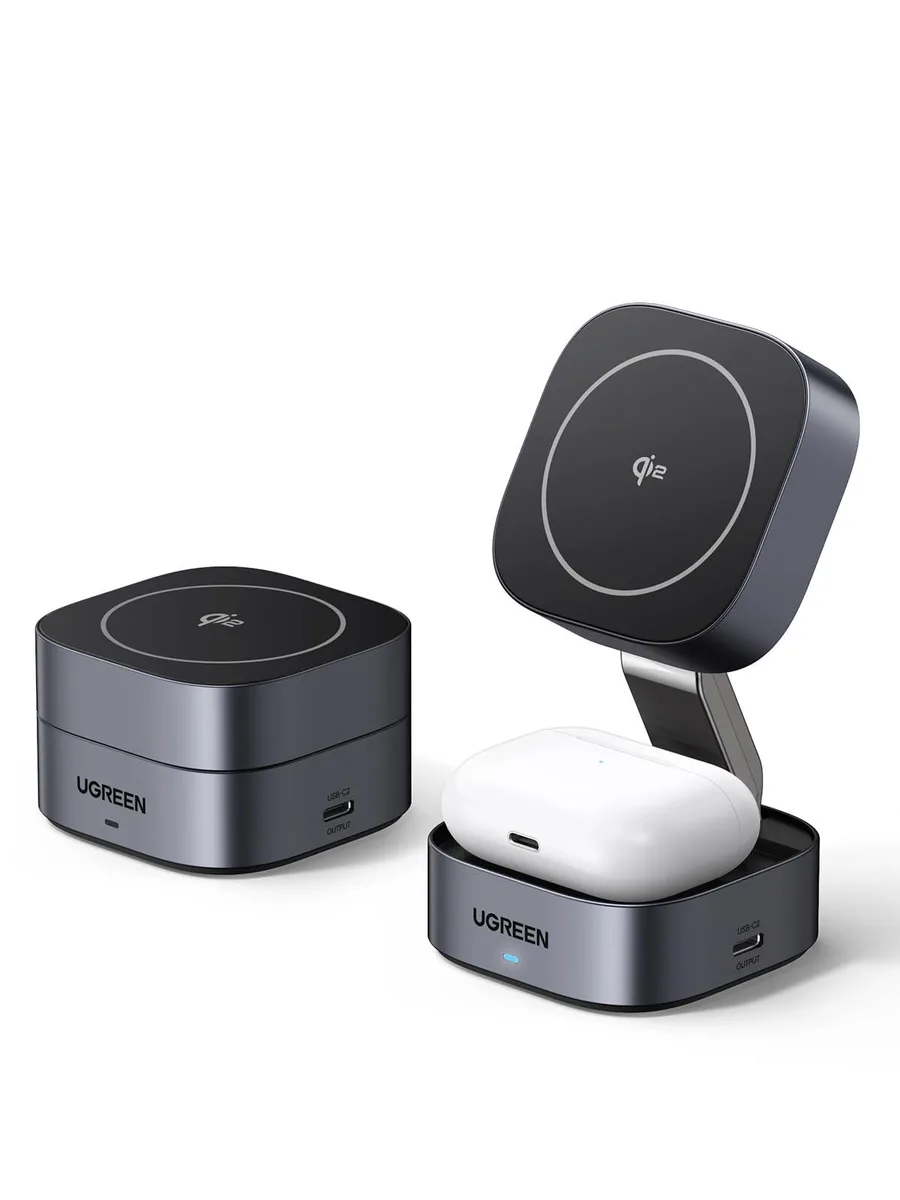 Foldable 2-in-1 wireless charger in light grey finish with magnetic phone pad and earbuds pad