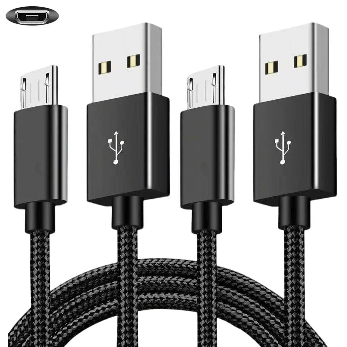 Two black nylon-braided micro USB cables coiled together