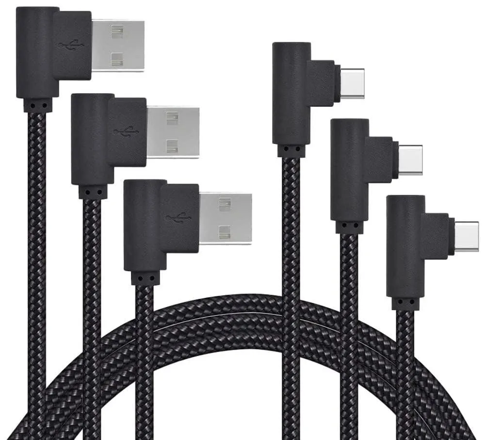 Three black nylon-braided USB-C cables with 90-degree connectors in 3ft 6ft 10ft lengths