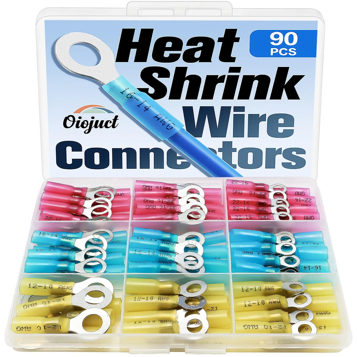 Clear plastic box holding ninety assorted heat-shrink wire connectors in red blue yellow