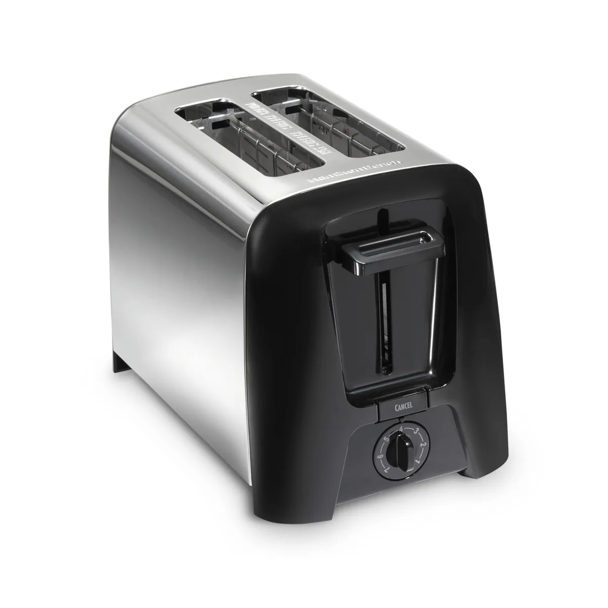 Black two-slice toaster with wide slots, matte finish, lever and dial controls