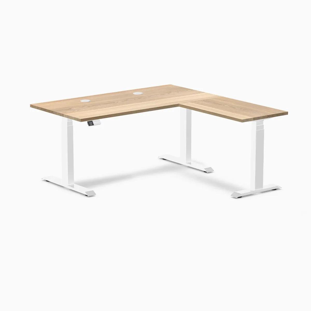 Desky Desky Hardwood L-Shape Sit Stand Desk White Ash White 60 x 30 x 62 x 20 in with Grommets — product photo