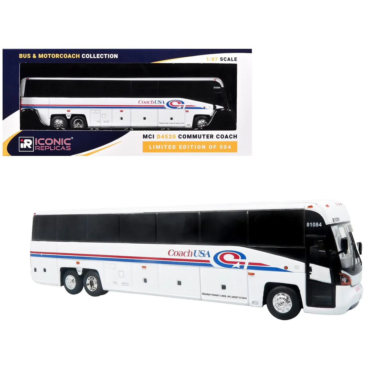 Iconic Replicas Iconic Replicas MCI D4520 Coach USA Limited Edition 504 1/87 HO Scale Diecast Bus — product photo
