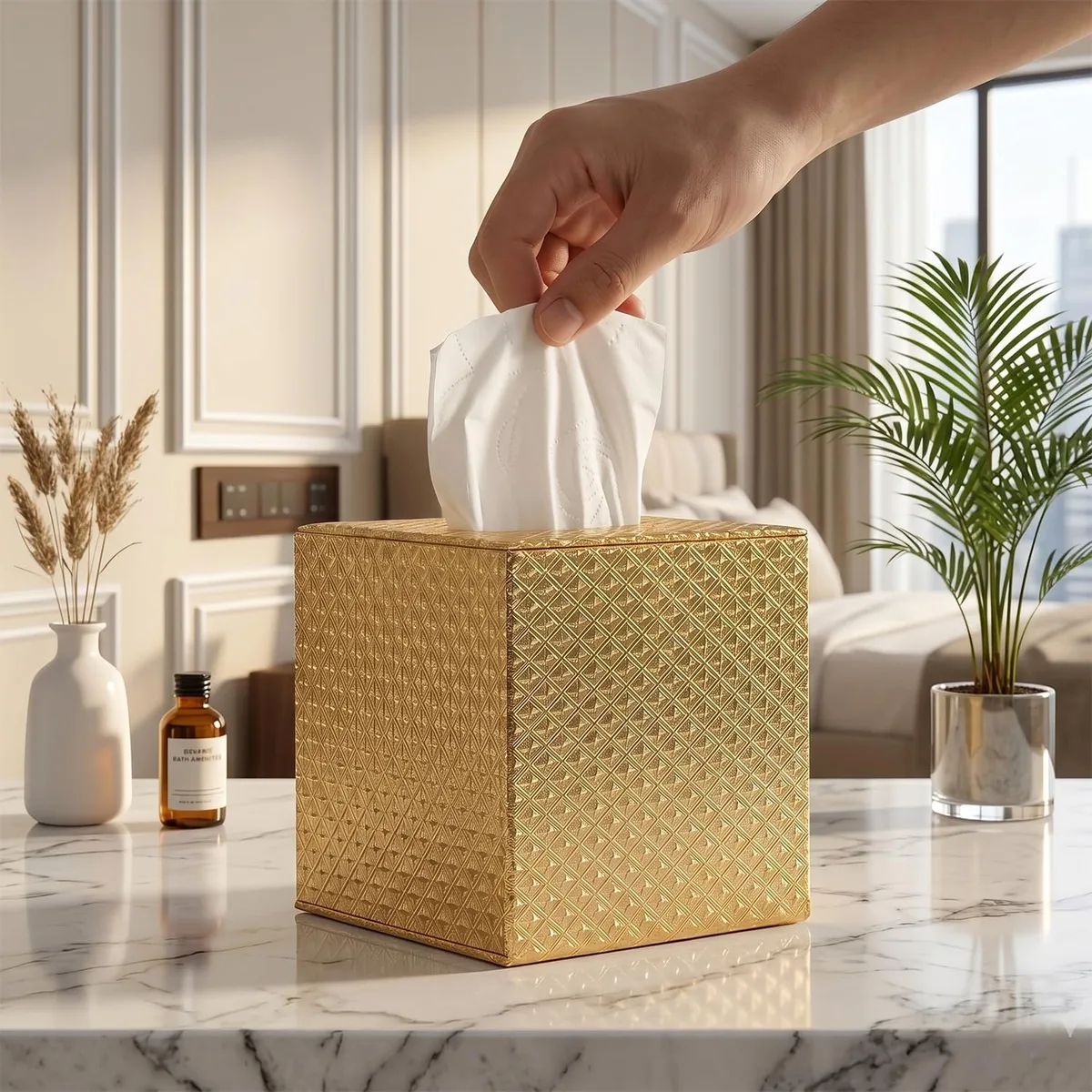 Square gold tissue box cover in PU fabric and wood, 5.0 by 5.5 inches