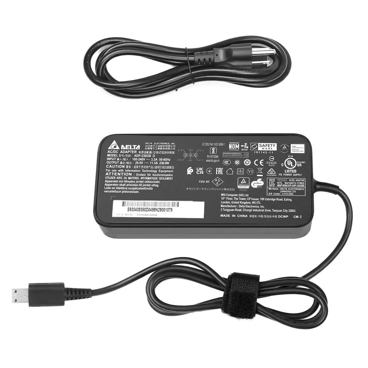 Rectangular black power brick with USB-C connector cable