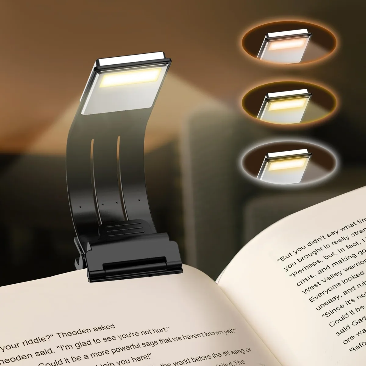 Black clip-on book light with foldable arm and built-in USB