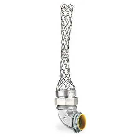 Silver steel 90-degree conduit connector with stainless steel mesh grip