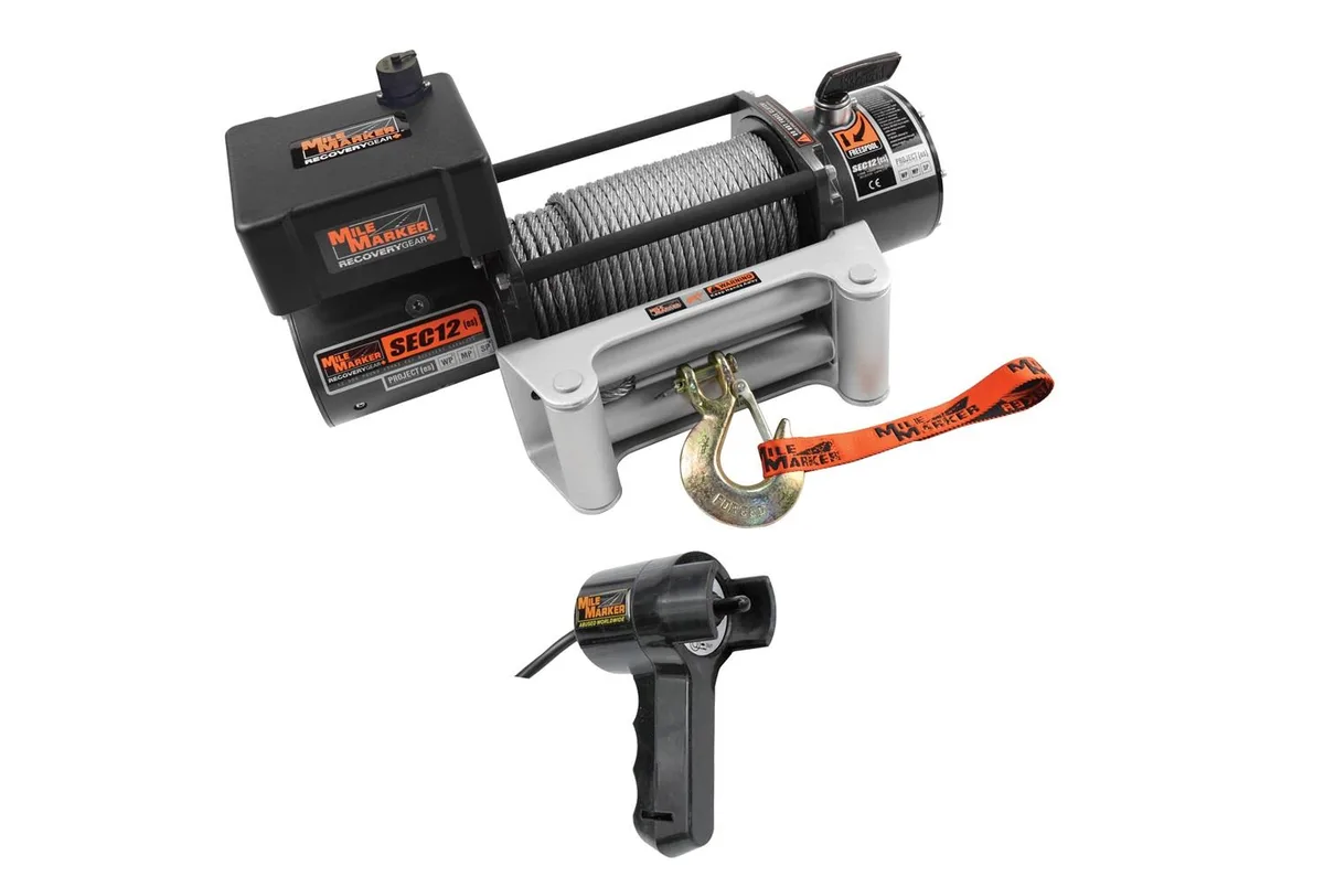 MILE MARKER MILE MARKER SEC12 ES Waterproof Winch 12000 lbs 12V 4.8 HP 100 ft Wire Rope Roller Fairlead — product photo