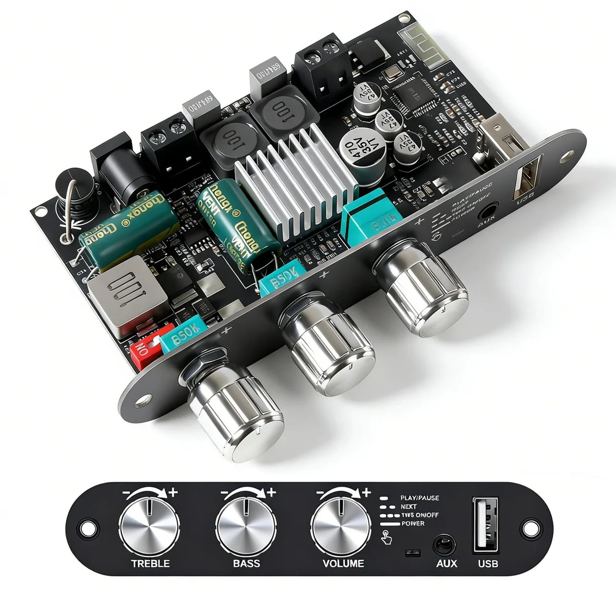 Small green circuit board with silver heatsink, two large control knobs, multiple pin headers and a micro USB port