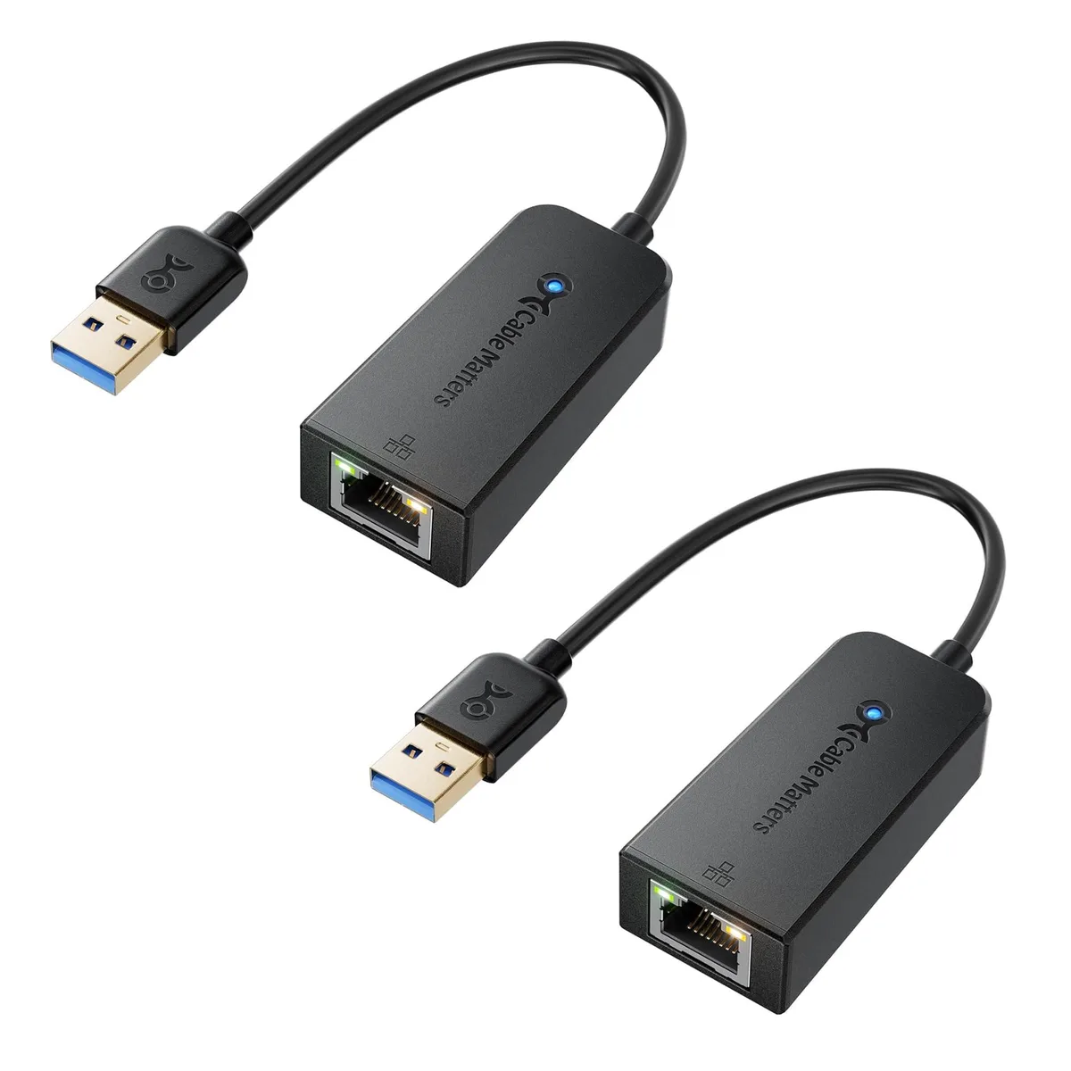 Two black USB 3.0 to Gigabit Ethernet adapters with RJ45 ports