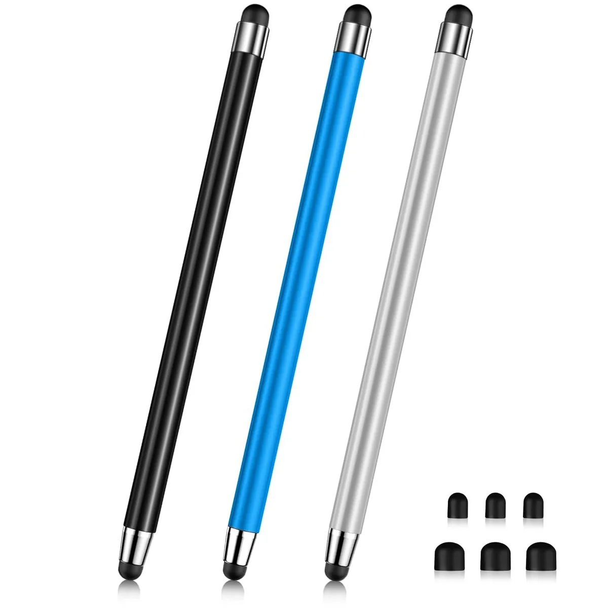 Three stylus pens in silver, blue and black finishes