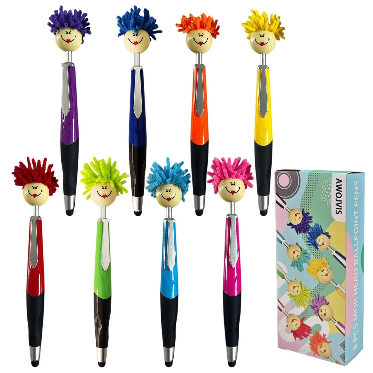 Eight multicolour ballpoint pens with plush mop-head toppers and click buttons