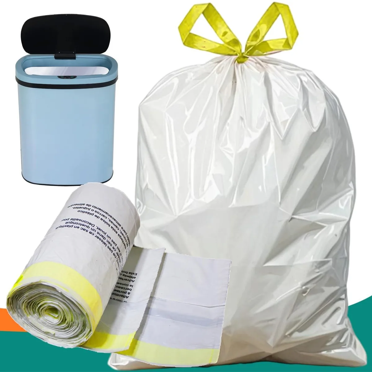 White drawstring trash bags in a rectangular box, 30-count pack of 21-gallon capacity