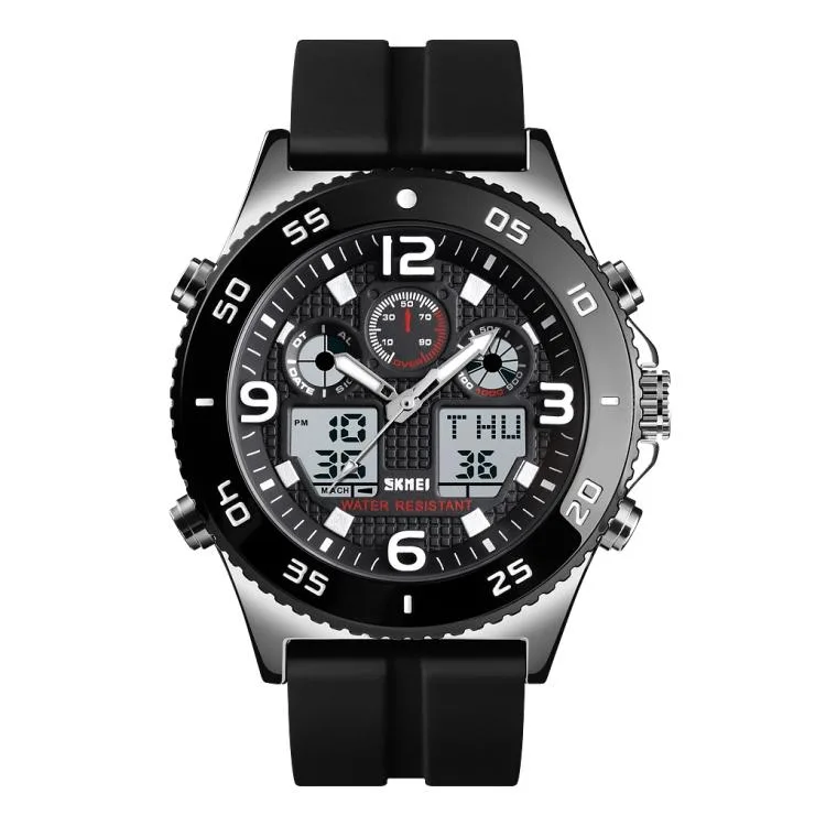 Silver round watch with large 50mm dial, pointer and number display, silicone and steel straps included