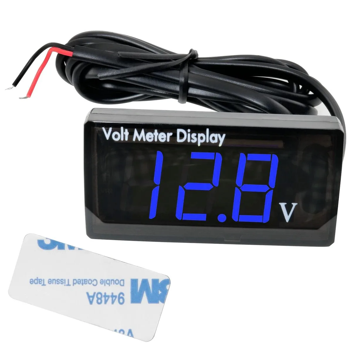 Small rectangular blue LED voltmeter with three-digit display and red-black wires