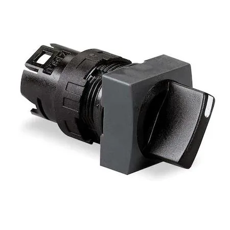 Black 16 mm selector switch with short handle, two-position lever operator, plastic bezel