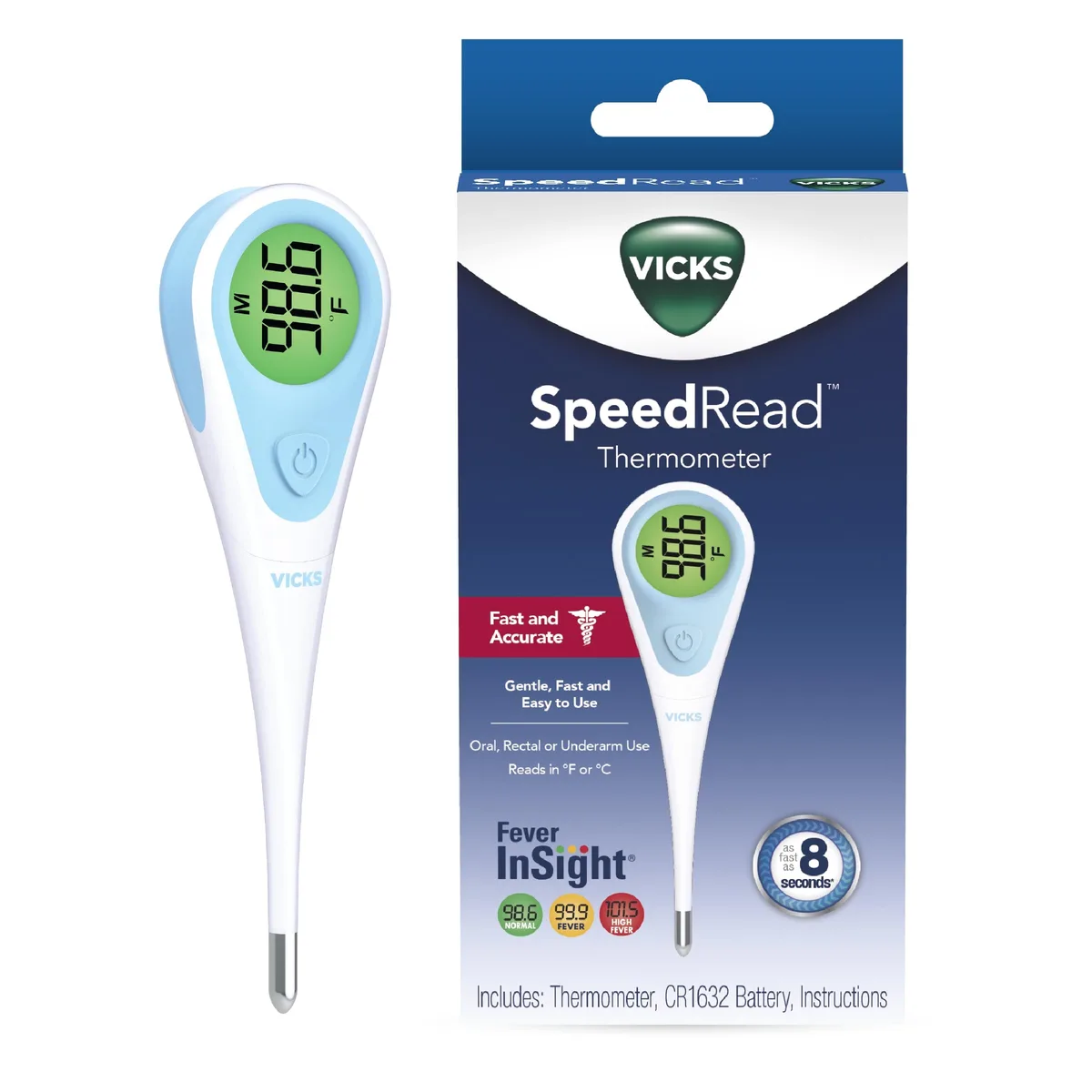 White digital thermometer with colour-coded display and flexible tip