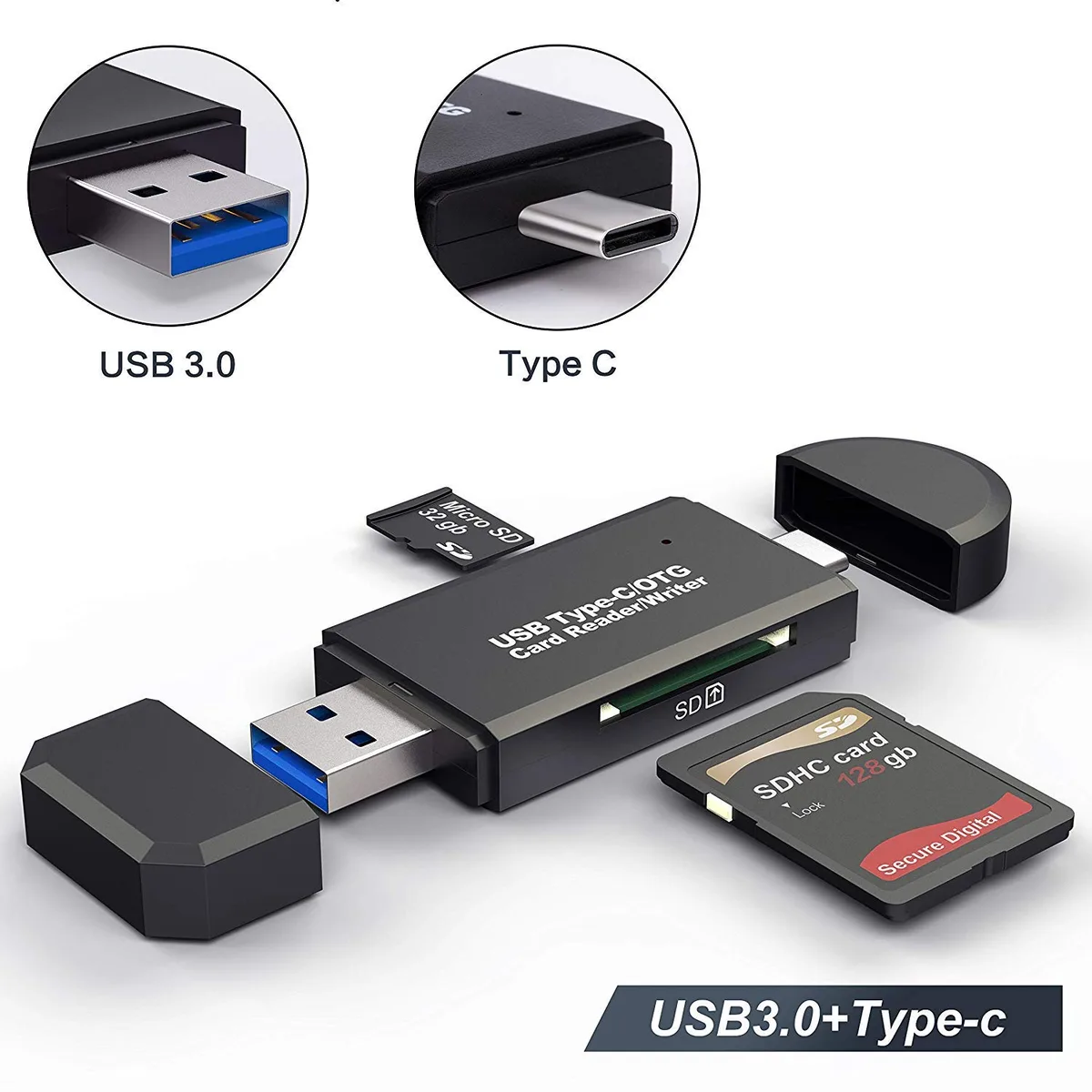 Jansicotek Jansicotek 2-in-1 USB 3.0 Card Reader USB-C USB-A Black — product photo