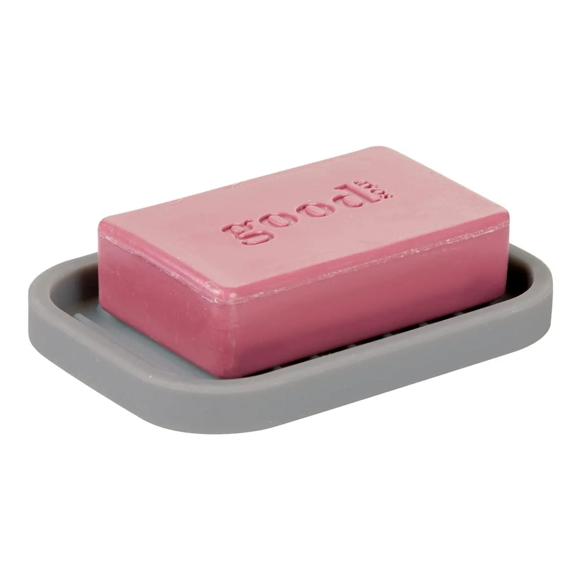 Gray rectangular silicone soap dish with textured surface, 3.5 inches wide