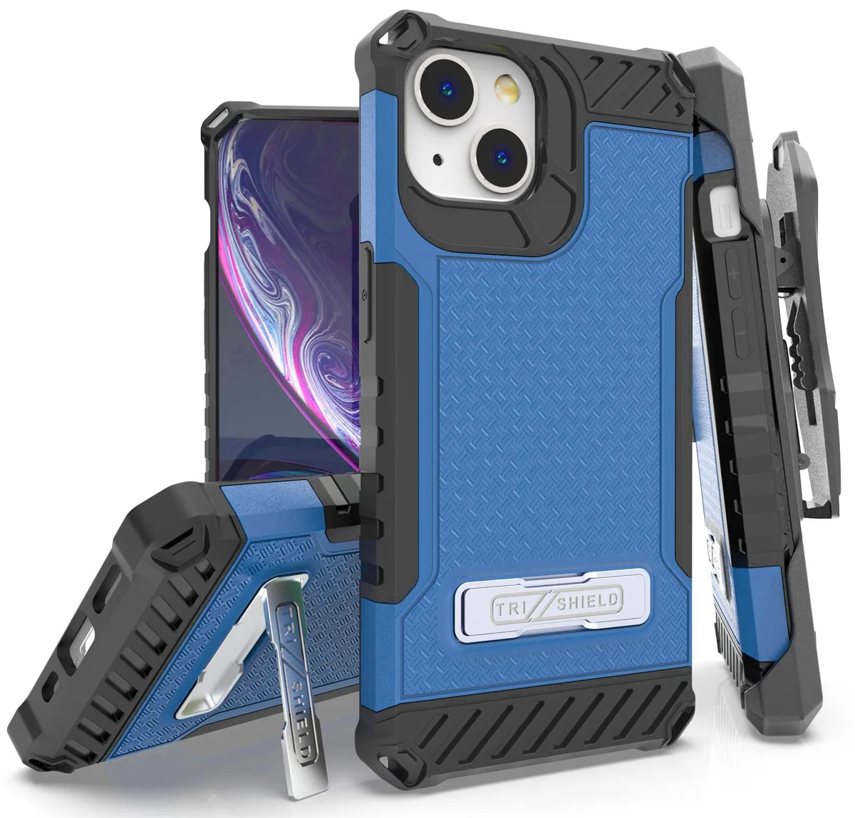 Nakedcellphone Nakedcellphone Tri-Shield Kickstand Case + Belt Clip Holster + Lanyard Strap for iPhone 13 Blue — product photo
