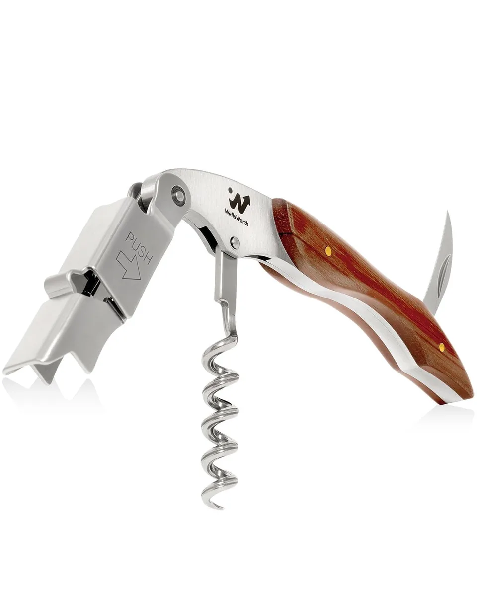 Brown wooden-handled waiter's corkscrew with brushed stainless steel body, grooved worm and serrated foil cutter