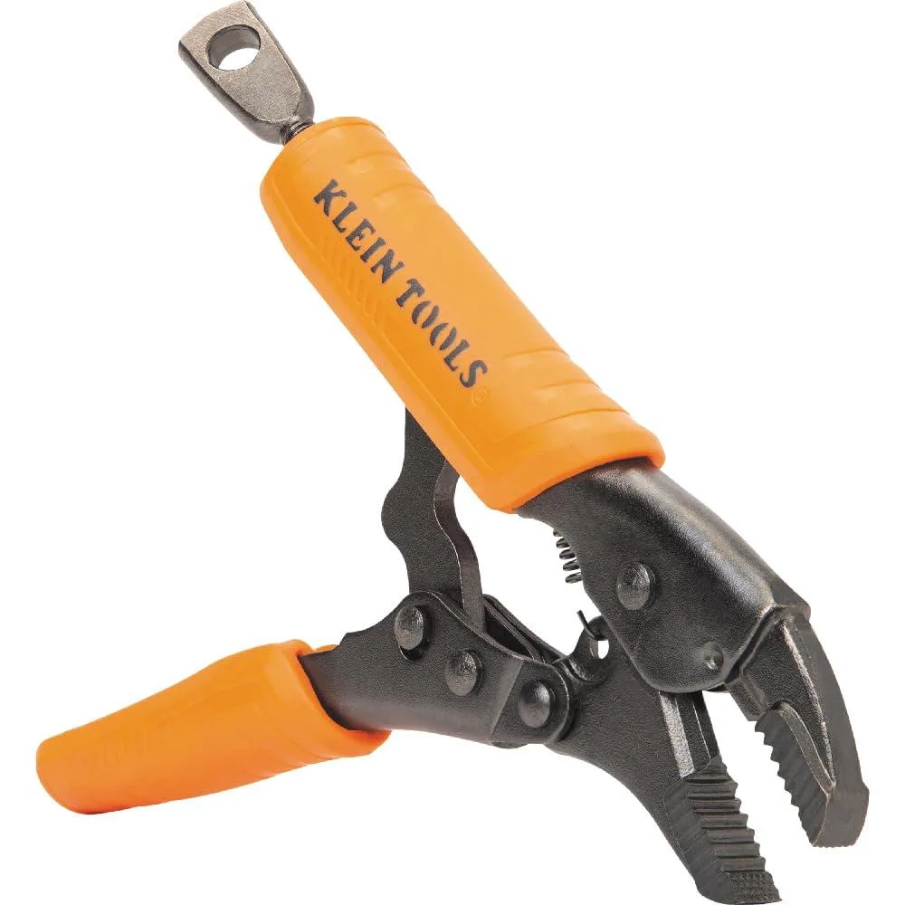 Small black steel locking pliers with curved jaws and molded handles