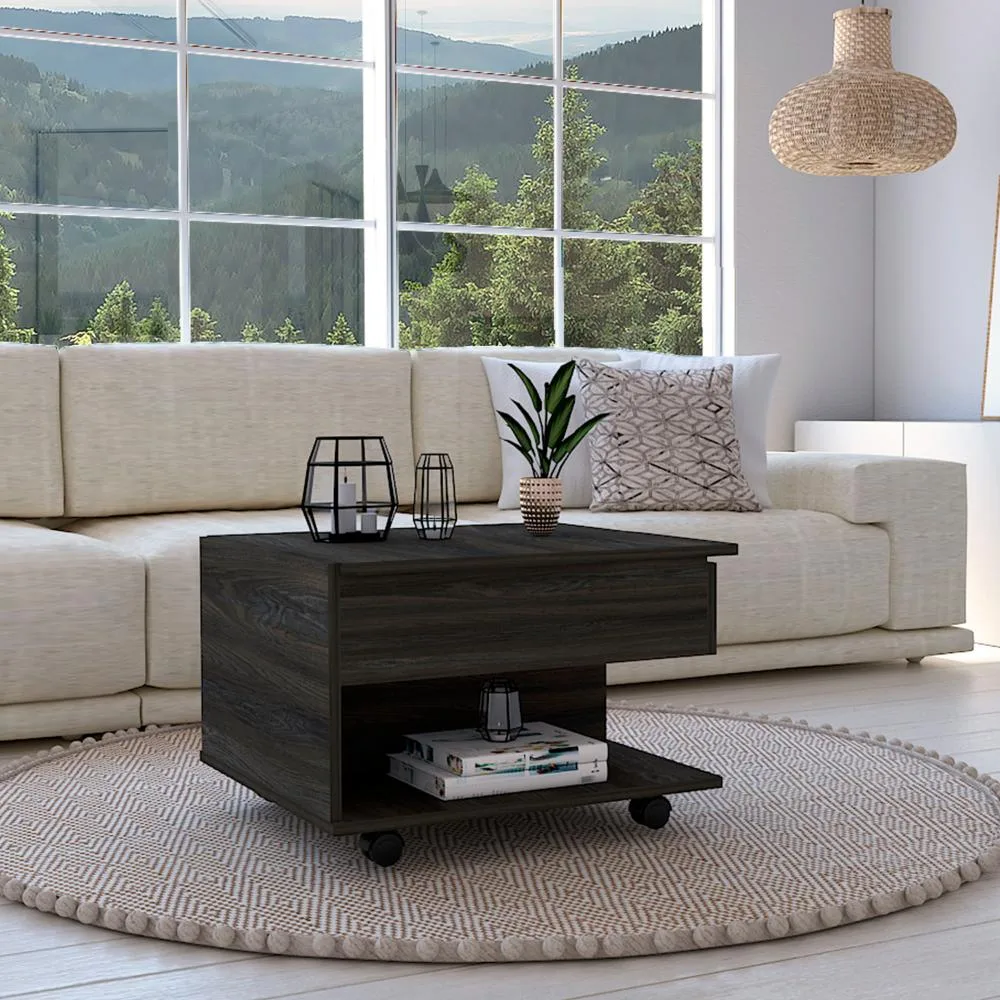 Rectangular brown particle board coffee table with lift top, open shelf and locking casters