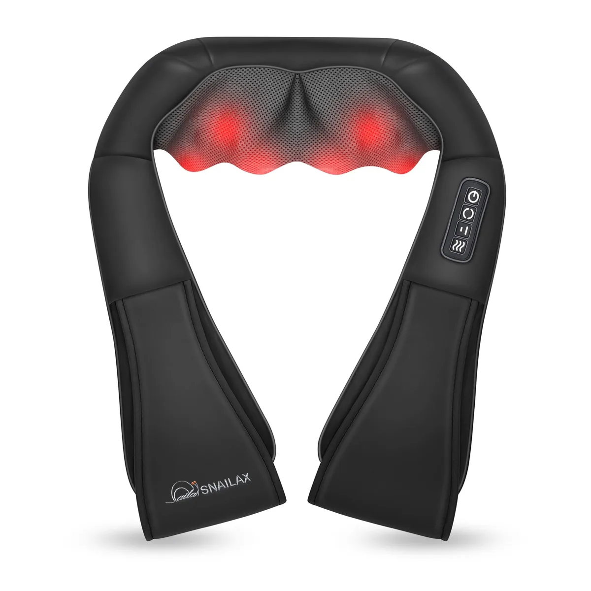 Blue U-shaped neck massager with fabric cover and arm straps