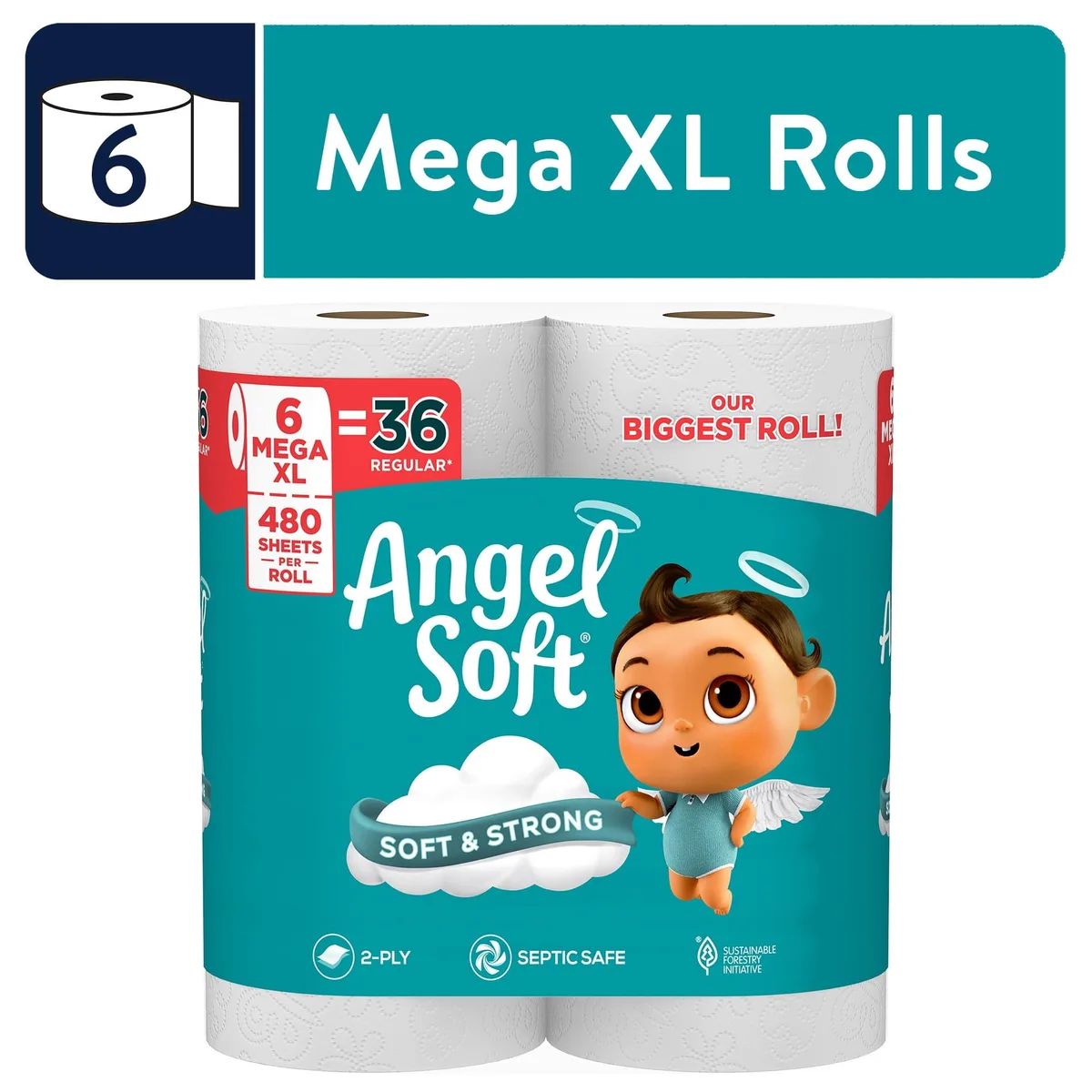 None Continuous None Continuous Angel Soft 2-Ply Toilet Paper 6 Mega XL Rolls 480 Sheets Per Roll — product photo