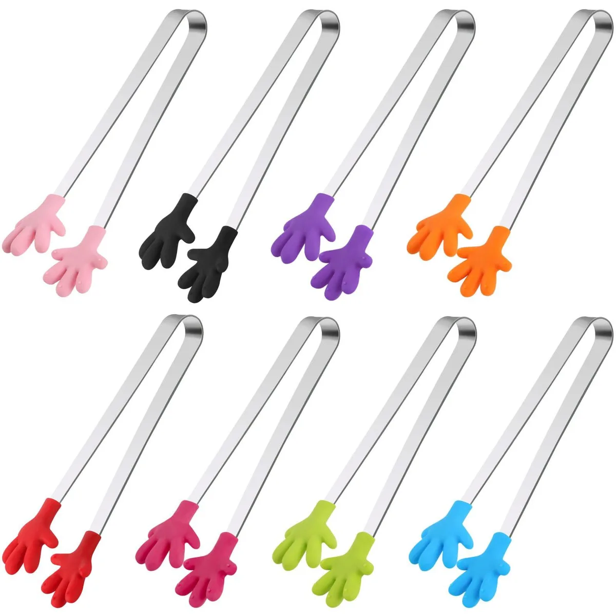 Eight 5-inch stainless steel mini tongs with colourful silicone hand-shaped tips