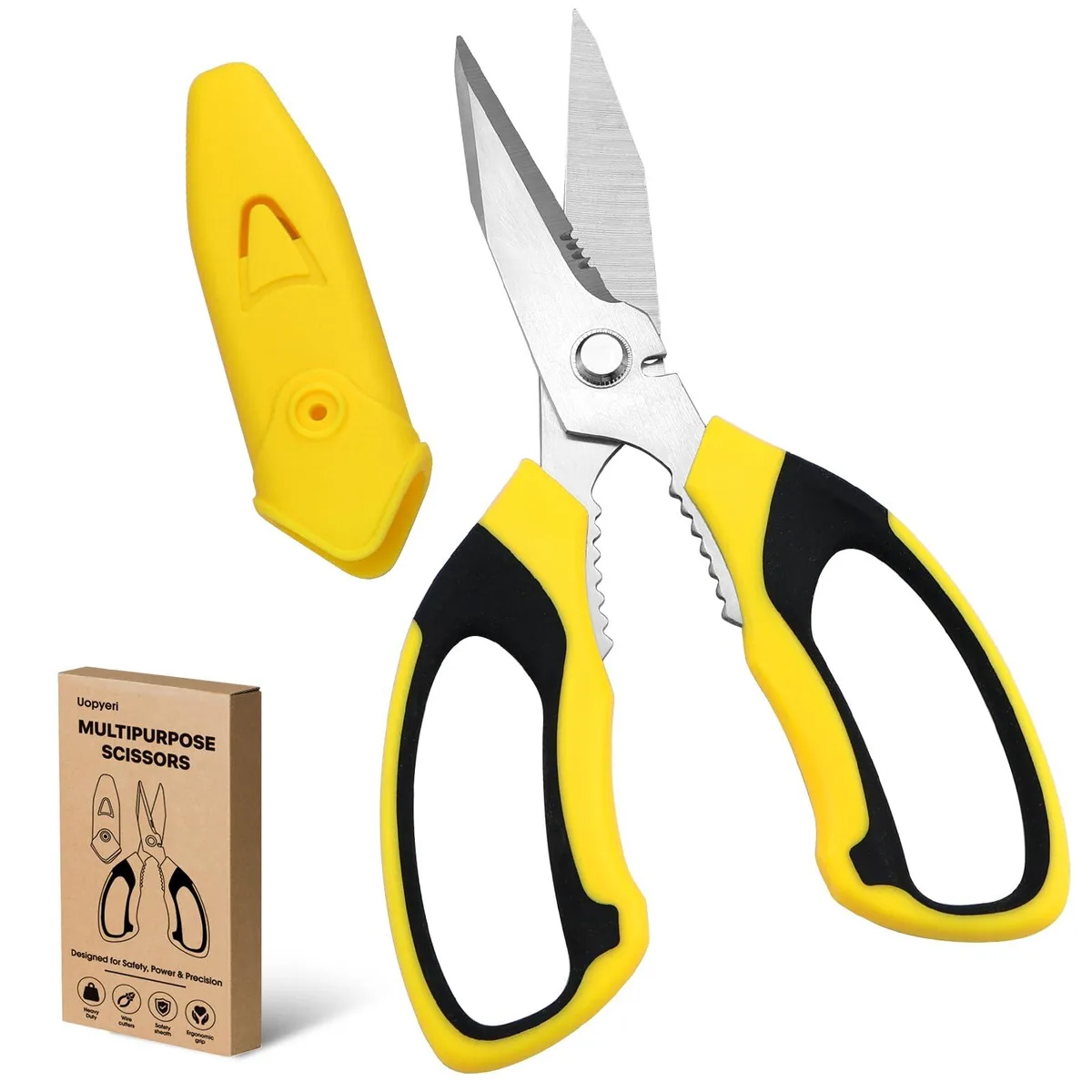 Yellow and black 8 inch utility scissors with protective sheath