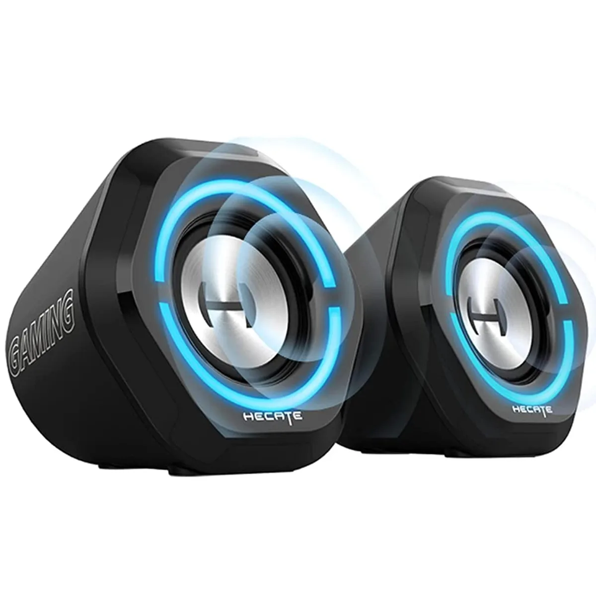 Compact black desktop speaker pair with RGB lighting and 15-degree tilt