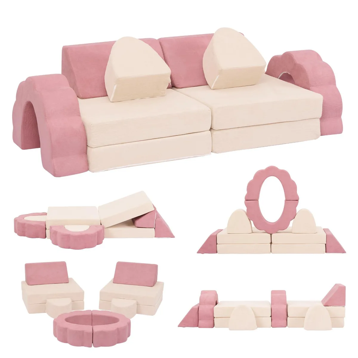 Ten-piece modular foam couch in pink microfiber with flower cushions